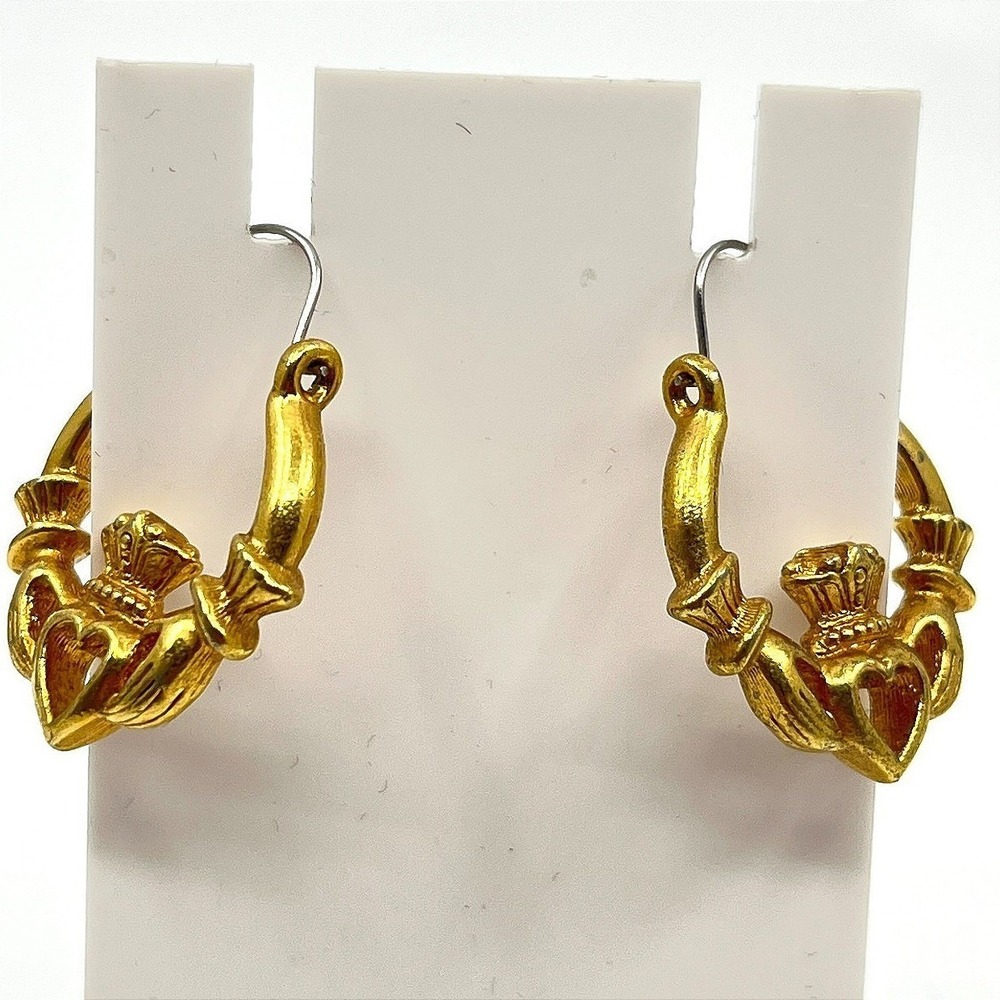 Vintage Gold Tone Claddagh Hoop Earrings Celtic Irish Heart & Crown Style